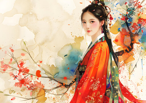 身穿紅色漢服的女子
