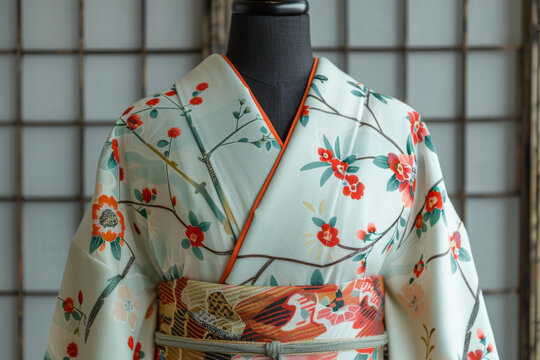 一件帶花卉圖案的和服和一條帶鳳凰圖案的腰帶