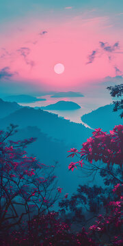 粉紅色日落下的山峰和水