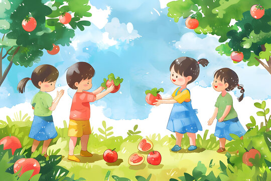 四個孩子在果園里摘蘋果玩耍