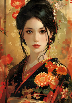 身穿紅色和橙色花朵的傳統(tǒng)日本和服的美麗亞洲女人的肖像