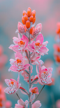 一株盛開(kāi)的蘭花花朵呈粉紅色和橙色背景虛化