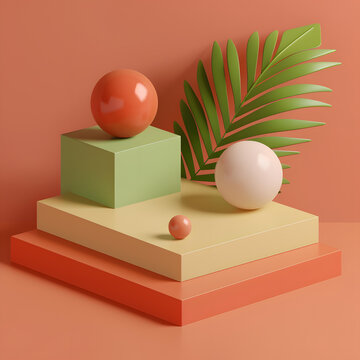幾何形狀和綠色棕櫚葉的抽象極簡主義3D