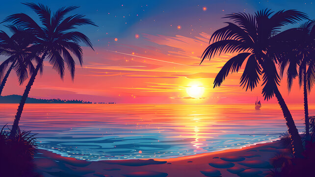 熱帶海灘上的夕陽(yáng)景觀