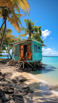 棕櫚樹旁的海邊小屋