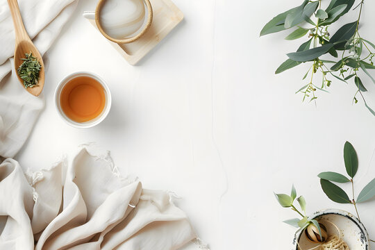 白色背景上茶杯干草藥和桉樹葉的平鋪