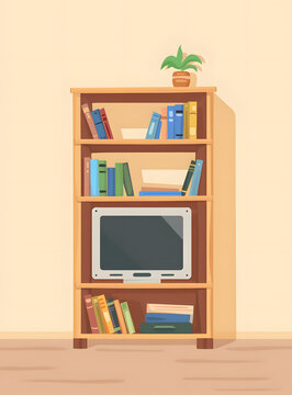 卡通風格木制書架帶書和電視