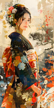 身穿印有花卉圖案和服、紅色腰帶的亞洲女子站在日式傳統(tǒng)庭院中