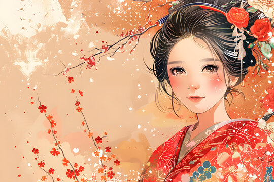 身穿紅色和服的美麗日本女孩與櫻花