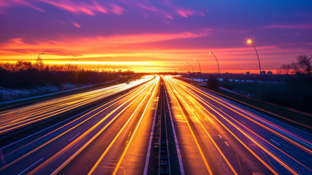 夕陽(yáng)下的高速公路長(zhǎng)曝光