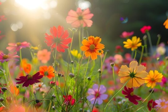 陽(yáng)光下盛開(kāi)的五彩繽紛的波斯菊