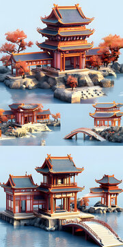 中國古典建筑群：紅橋、小島與亭臺樓閣