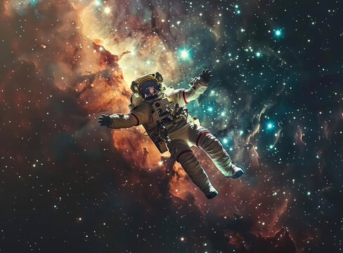 身穿宇航服的宇航員在浩瀚的太空中漂浮