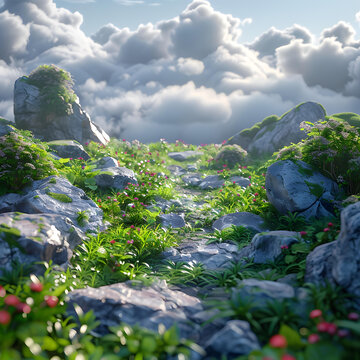 巖石山路與綠草粉花