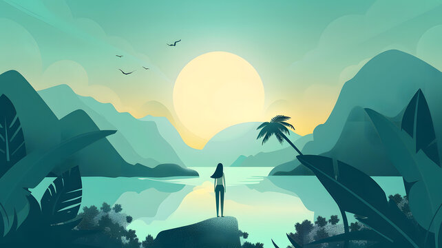 山頂夕陽下觀賞熱帶湖泊的女性