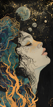 樹枝和星星圍繞的女孩的臉