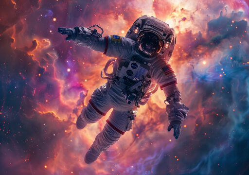 身穿宇航服的宇航員在浩瀚的太空中漂浮