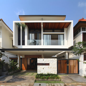現(xiàn)代兩層木門(mén)石墻住宅