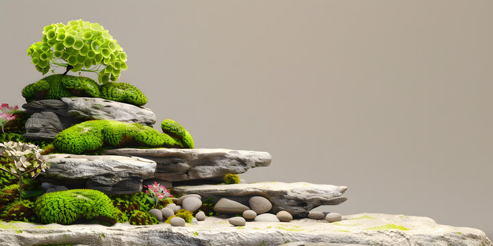 苔蘚巖石與小樹的棕色背景