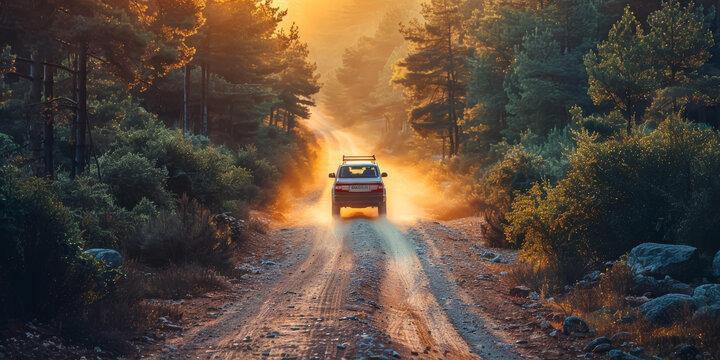 夕陽下森林土路的汽車