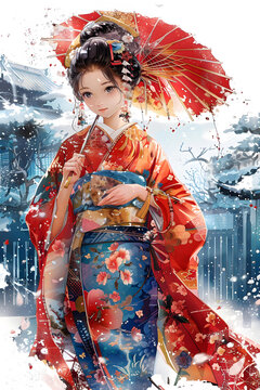 身穿紅色和服撐傘漫步雪中的女子