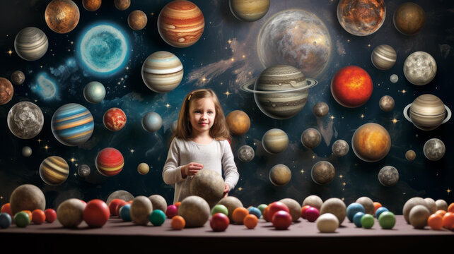 一個小女孩站在一幅行星壁畫前
