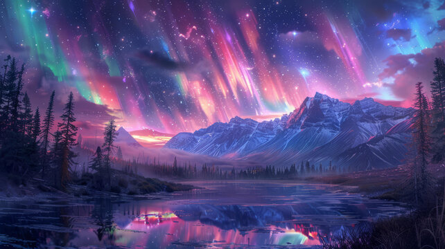 壯觀的湖泊和山脈北極光景觀