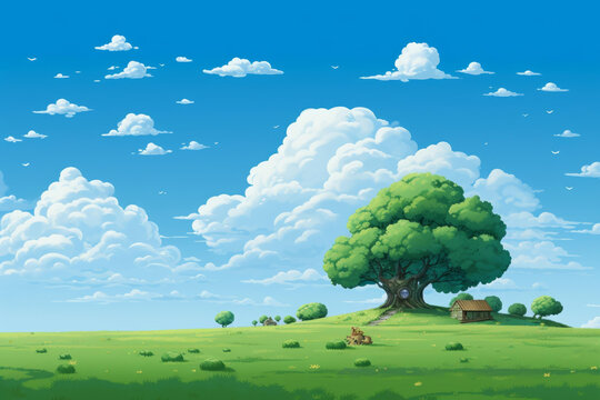 奇幻風(fēng)景小屋旁的參天大樹