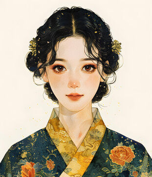 一個美麗的韓國女性，穿著朝鮮族的傳統服飾，化著精致的妝容