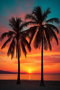 夕陽下的熱帶海灘上的棕櫚樹