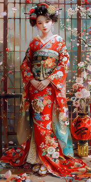 身穿紅色花卉和服、白色腰帶的日本女性