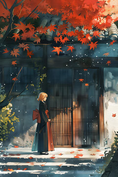 穿著和服的女孩站在紅葉飄落的日式建筑前