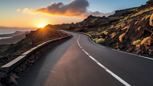 夕陽下蜿蜒穿過火山景觀的沿海公路