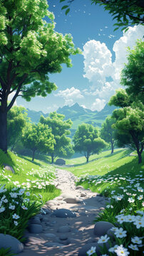 二次元風(fēng)格的風(fēng)景一條石子路穿過草地