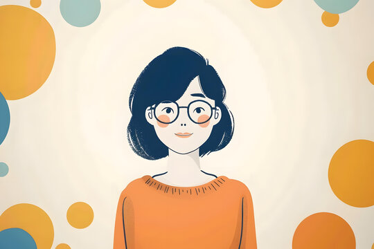 戴著眼鏡穿著橙色毛衣微笑的女性卡通人物