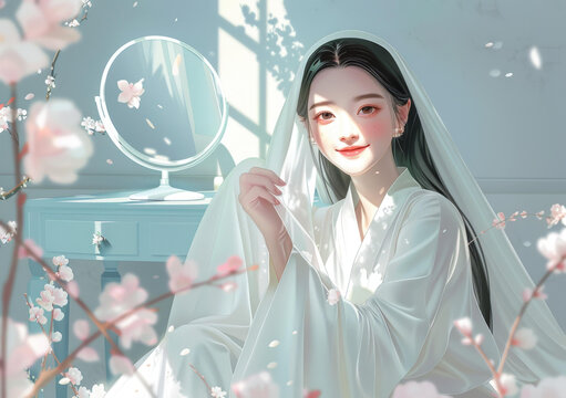 桃花樹下身穿白色長(zhǎng)裙的美麗女子