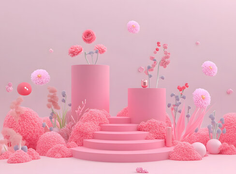 粉色花卉3D渲染產品展示背景