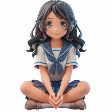 一個可愛的黑長直動漫女孩身穿校服坐在地上