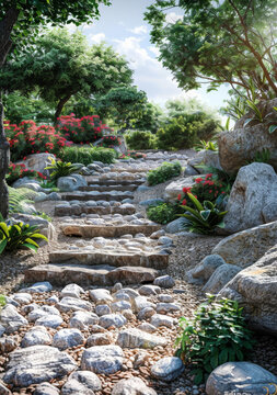 蜿蜒曲折的石頭小路穿過(guò)郁郁蔥蔥的花園