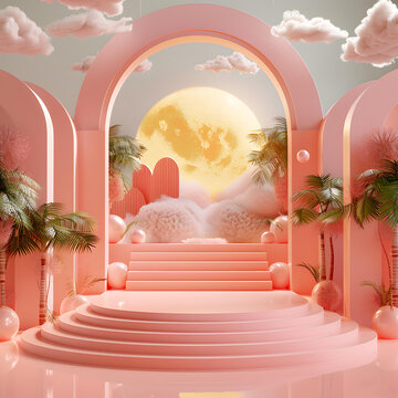 粉色拱門和臺階的奇幻背景