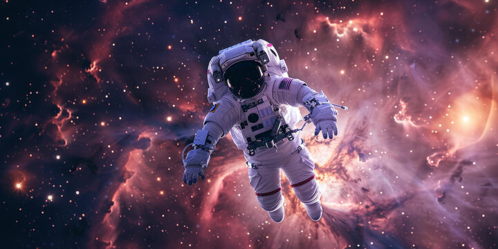 身穿宇航服的宇航員在浩瀚的太空中漂浮