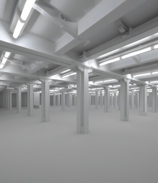 空曠的白色混凝土房間，帶有立柱和熒光燈