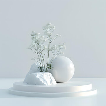 白色簡(jiǎn)約產(chǎn)品展示臺(tái)，石頭和花朵