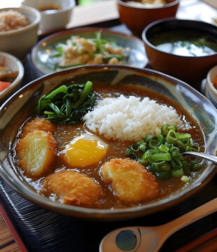 日式咖喱飯，配炸雞和雞蛋
