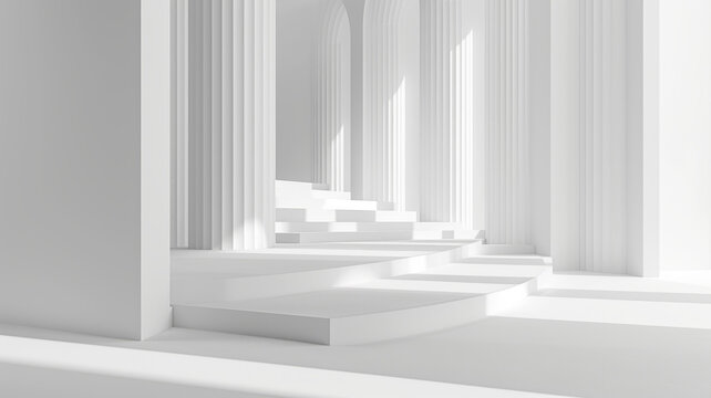 白色簡約建筑空間帶講臺和圓柱