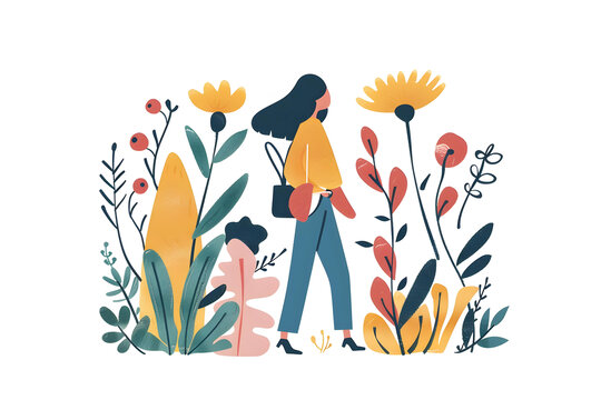 女性漫步花叢
