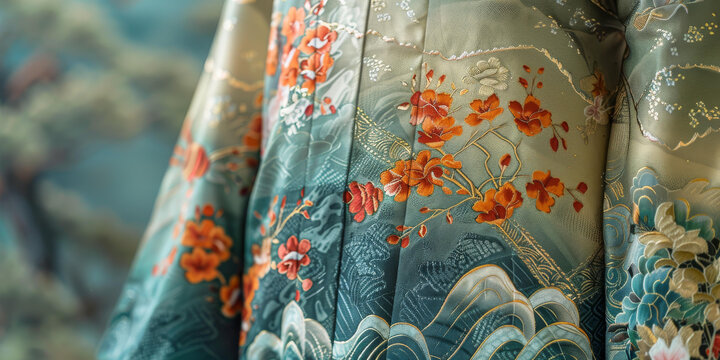 一件綠色旗袍的特寫，上面有橙色和金色的刺繡。