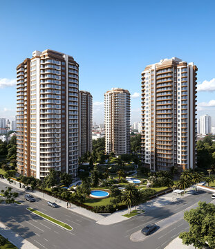 現(xiàn)代住宅小區(qū)建筑群，帶游泳池和綠化
