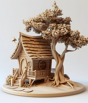 卡通風(fēng)格木屋樹木3D渲染