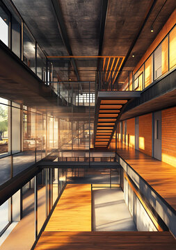 現(xiàn)代建筑室內(nèi)設計，玻璃墻和木地板